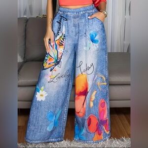 Knit Denim Lovely Butterfly Print Wide-Leg– Artistic Blue & Orange Flow Pants